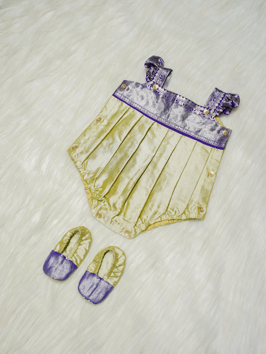 Soft Champagne & Dark Violet Zari Baby Romper with Matching Booties