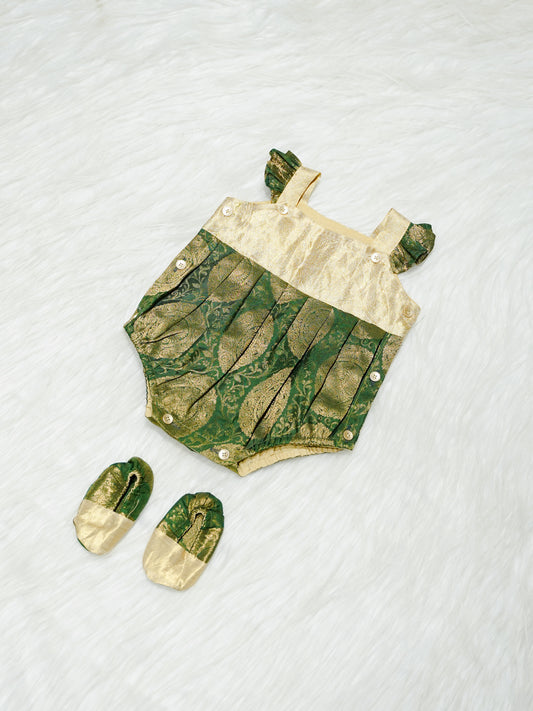 Emerald & Gold Brocade Newborn Girl Bubble Romper with Booties