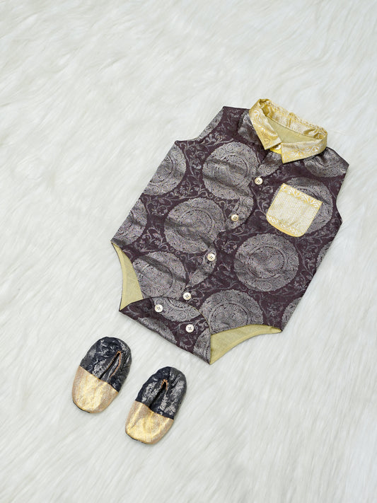 Brown & Gold Brocade Baby Boy Romper with Matching Booties