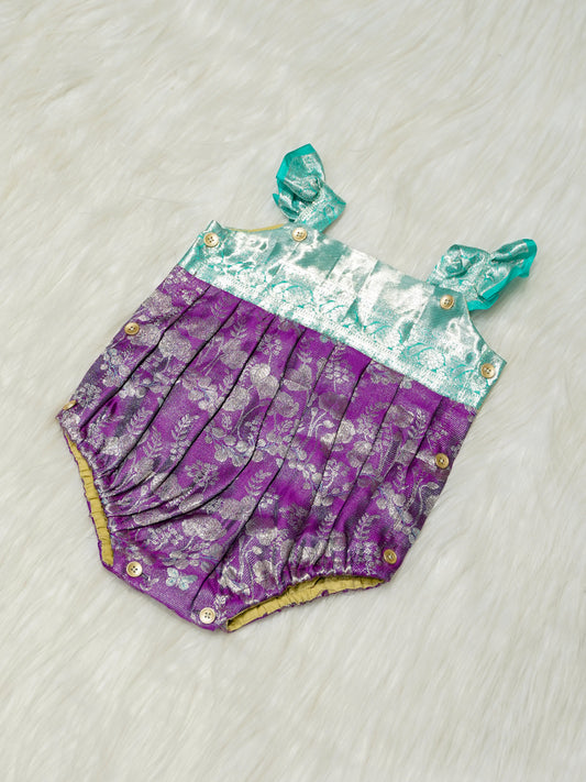 Purple & Turquoise Brocade Baby Romper with Ruffled Straps