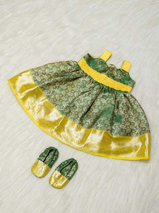 Green & Gold Brocade Baby Girl Dress with Matching Booties