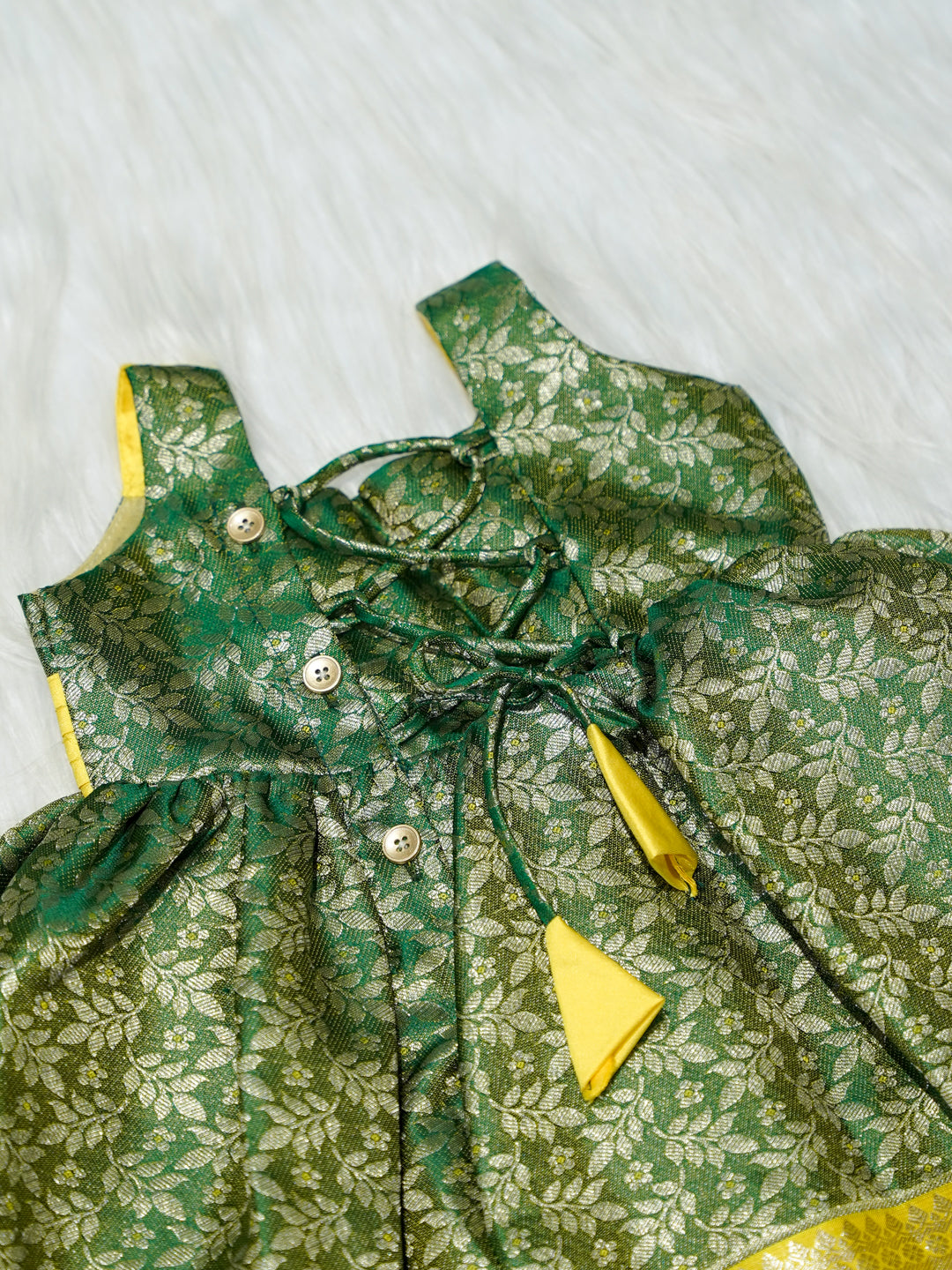 Green & Gold Brocade Baby Girl Dress with Matching Booties