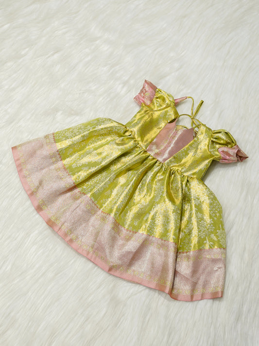 Yellow & Pink Silk Baby Girl Dress with Gold Floral Brocade