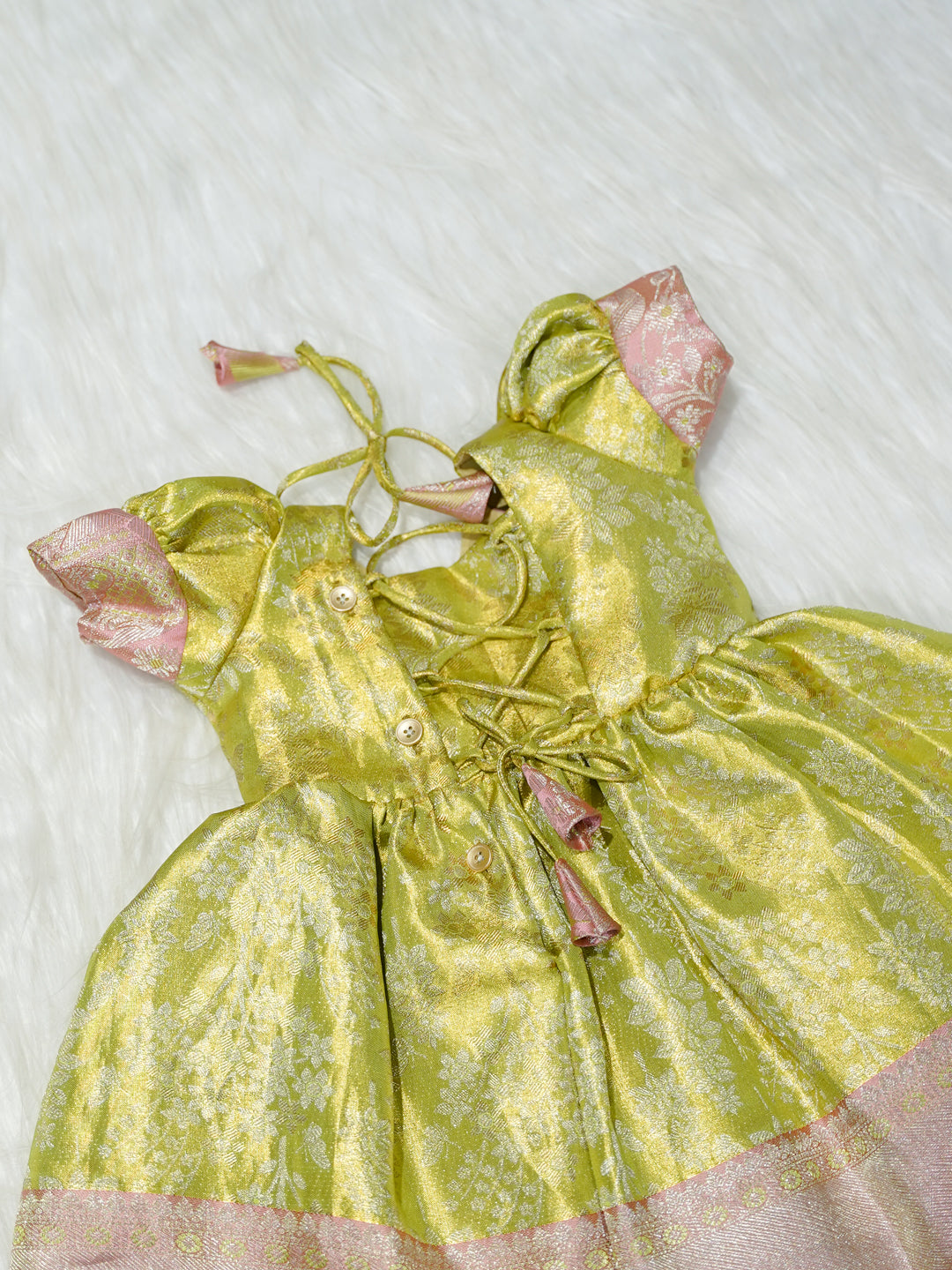 Yellow & Pink Silk Baby Girl Dress with Gold Floral Brocade
