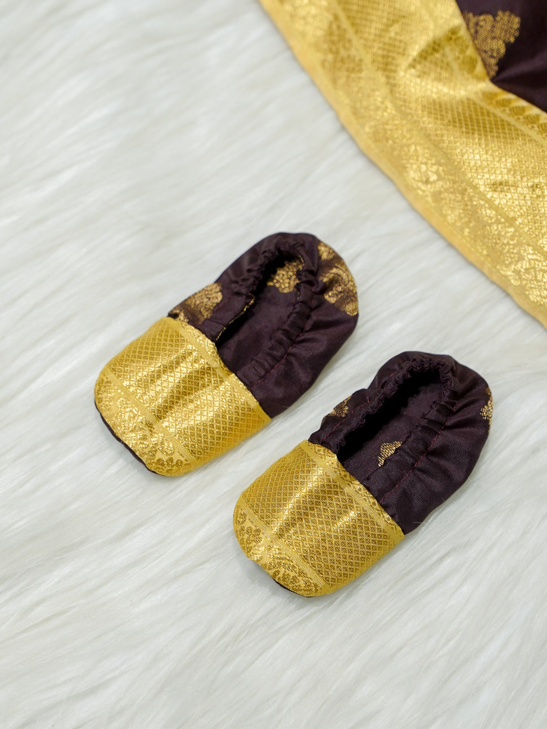 Brown & Gold Silk Baby Girl Dress with Bow & Matching Booties