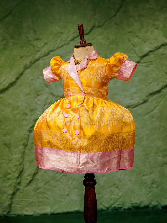 Sunshine Yellow & Pink Kanchipuram Silk Kids Gown with Jacket Style