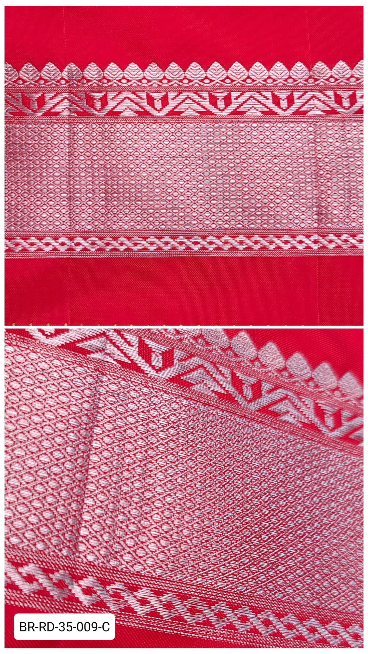 4 Inch Pure Kanchipuram Silk Zari Border – Red with Silver Geometric & Temple Motifs