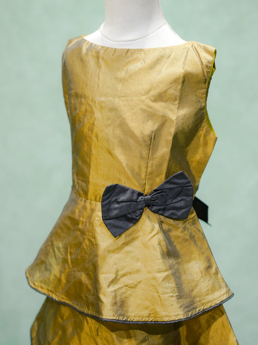 Gold Tiered Silk Gown with Black Bow