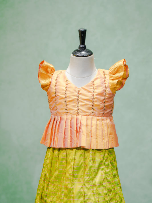 Peach & Lime Green Silk Pattu Pavadai Set