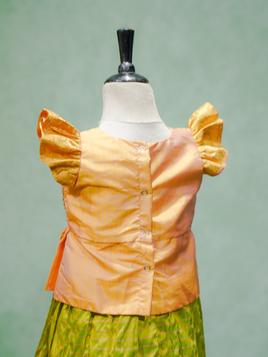 Peach & Lime Green Silk Pattu Pavadai Set