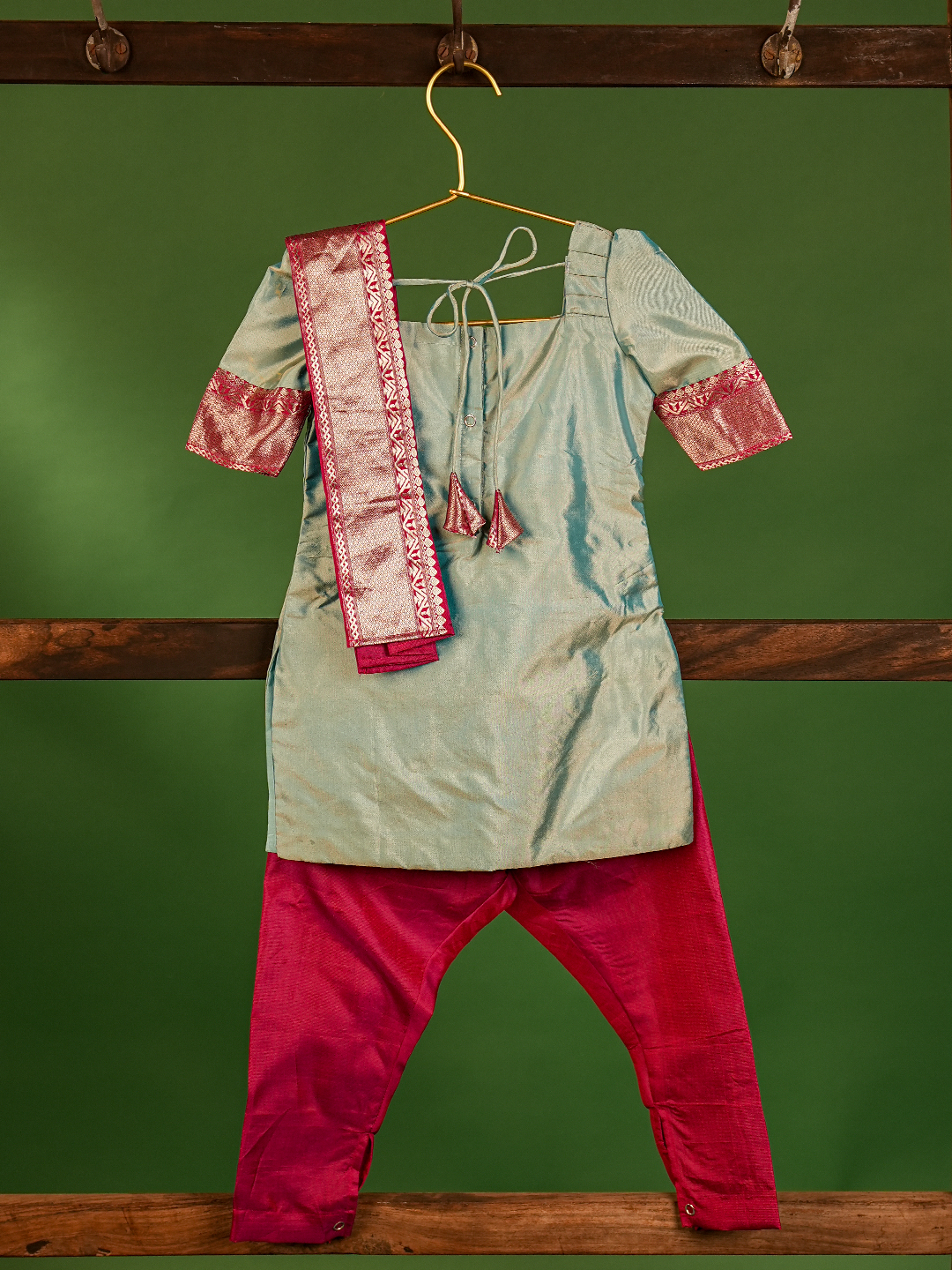 Powder Blue & Pink Pure Kanchipuram Silk Kurta Set