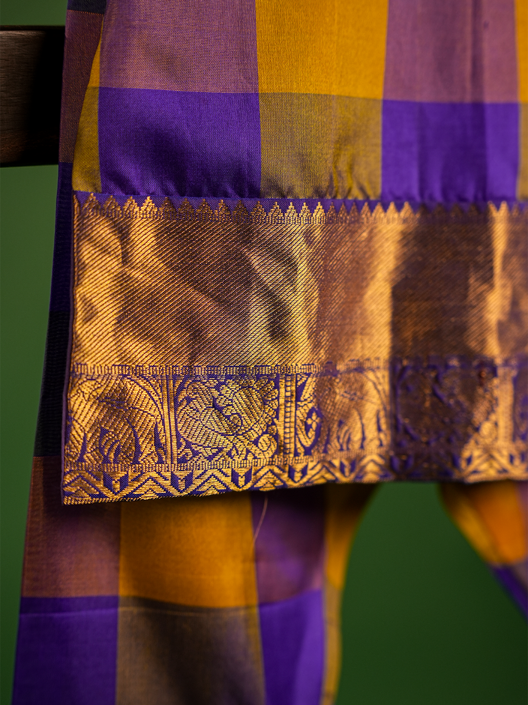 Purple & Mustard Yellow Checked Pure Kanchipuram Silk Kurta Set