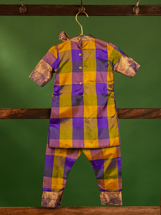 Purple & Mustard Yellow Checked Pure Kanchipuram Silk Kurta Set
