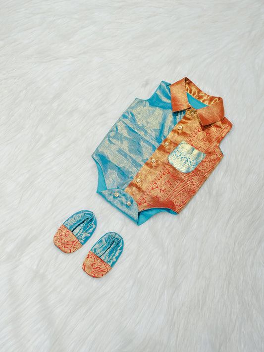 Teal & Orange Shimmer Newborn Boy Romper with Booties