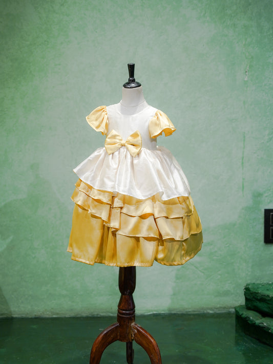 White & Gold Ruffled Satin Party Gown