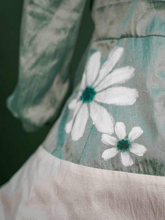 Sea green colored hand-painted Raw Silk Gown