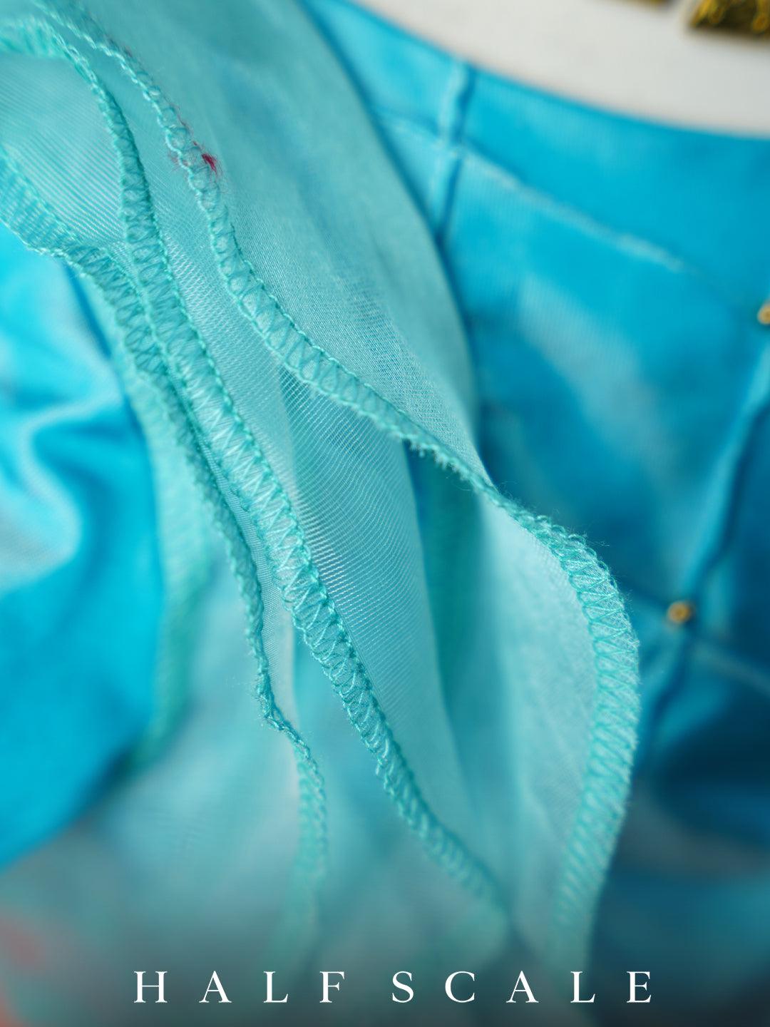Turquoise Blue and Reddish-Orange Floral Sleeves Kanjivaram Silk Gown Silk Gown Half Scale