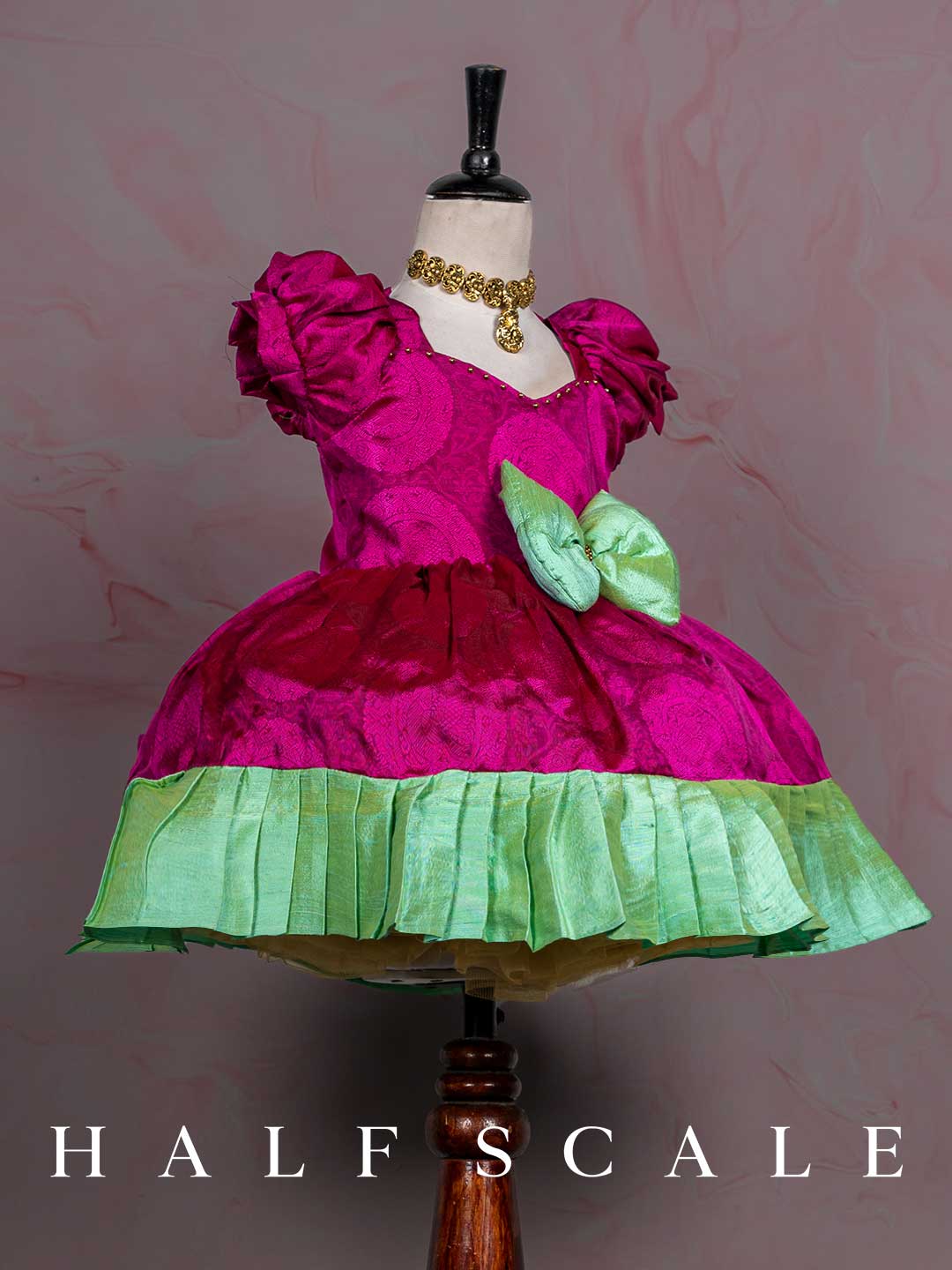 Magenta with mint green Pleated Kanchipuram Silk Pattu Frocks for Babies and Kids Wedding Dresses