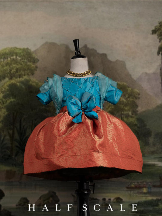Turquoise Blue and Reddish-Orange Floral Sleeves Kanjivaram Silk Gown Silk Gown Half Scale