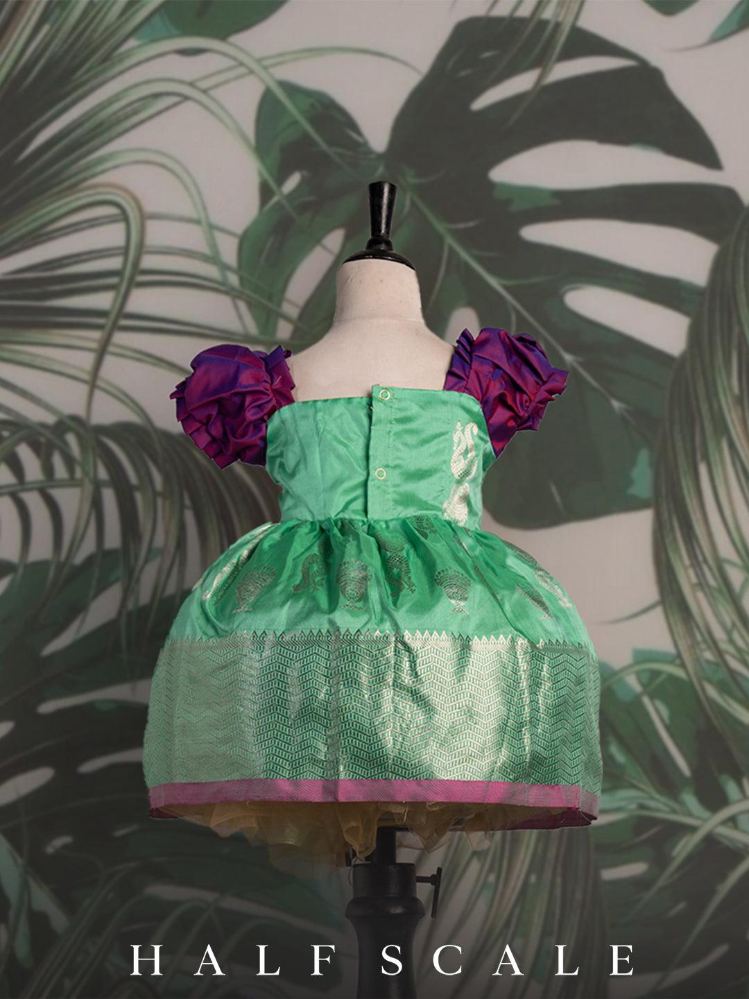 Sea Foam Green and Russian Violet Kanjivaram Silk Gown Silk Gown Half scale