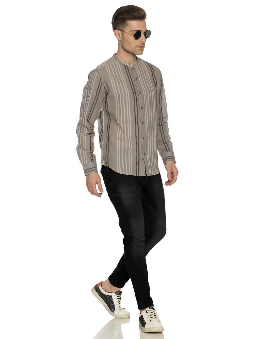 Handloom Woven Stone Gray Stripes Men Slim Fit Shirt WeaversKnot