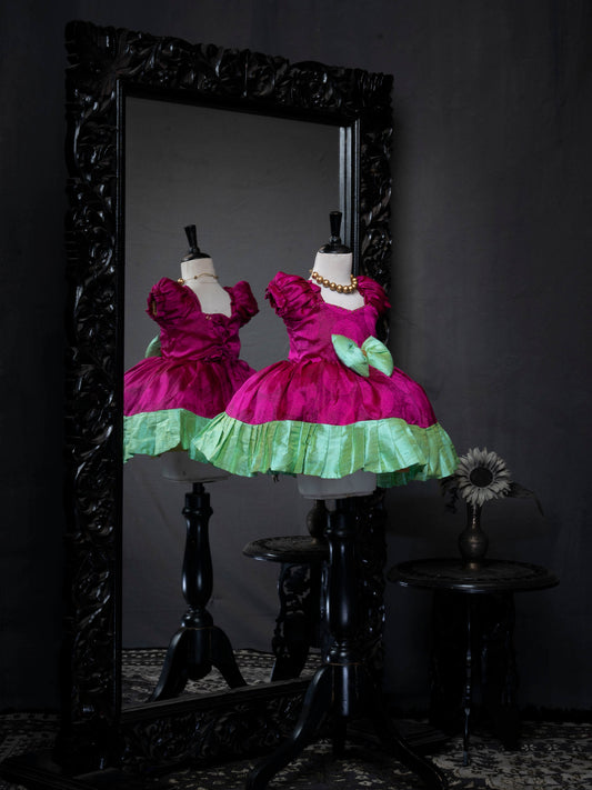 Magenta with Pleated Mint Green Kanchi Pattu Frocks for Babies | Kids Wedding Dresses