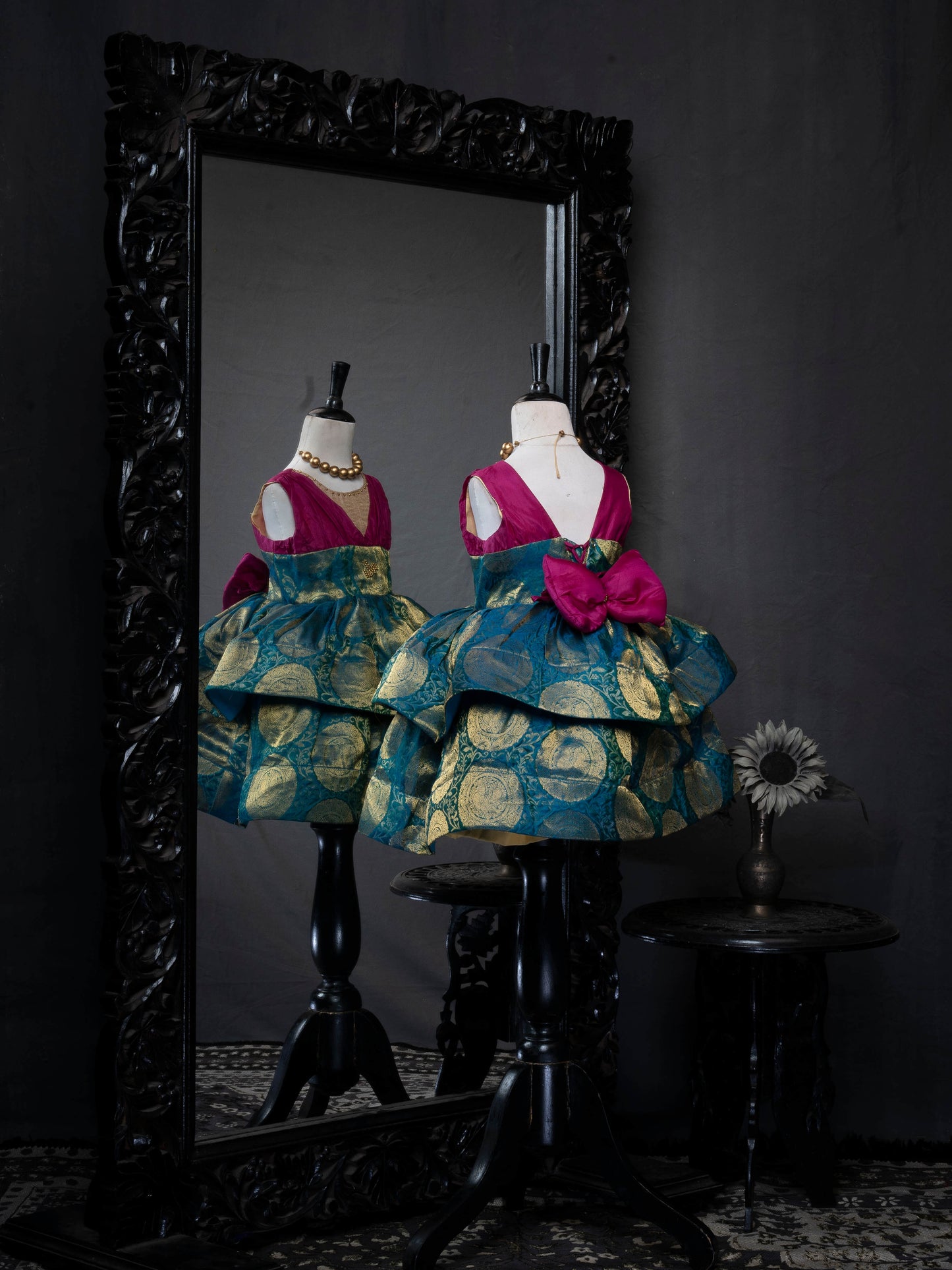 Boysenberry and Peacock Jacquard Two-Tiered Kanjivaram Silk Gown