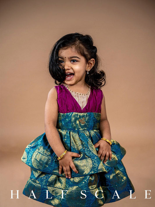 Boysenberry and Peacock Jacquard Two-Tiered Kanjivaram Silk Gown