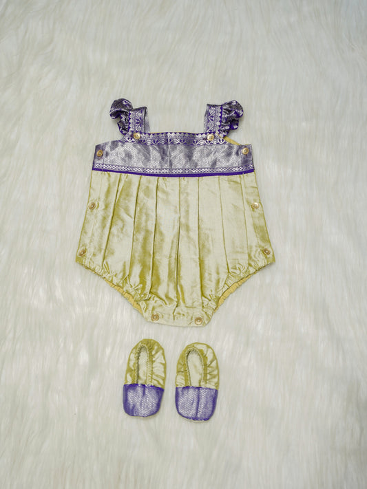 Soft Champagne & Dark Violet Zari Baby Romper with Matching Booties