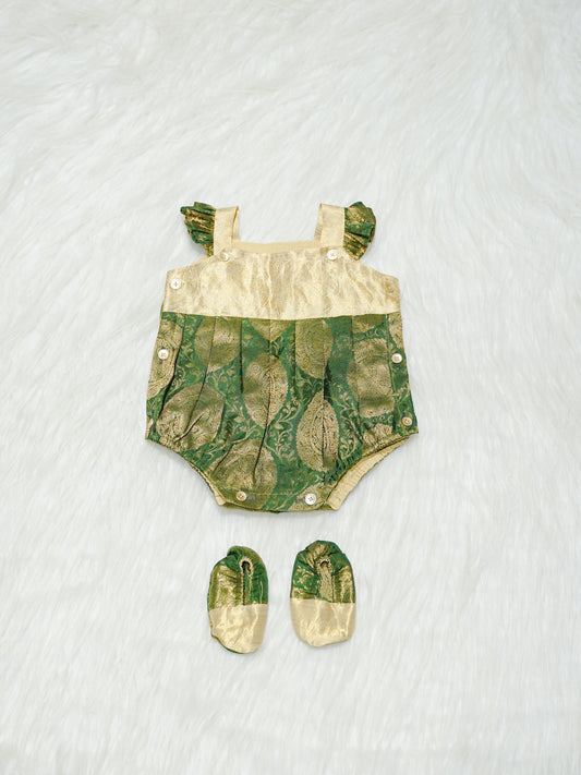 Emerald & Gold Brocade Newborn Girl Bubble Romper with Booties