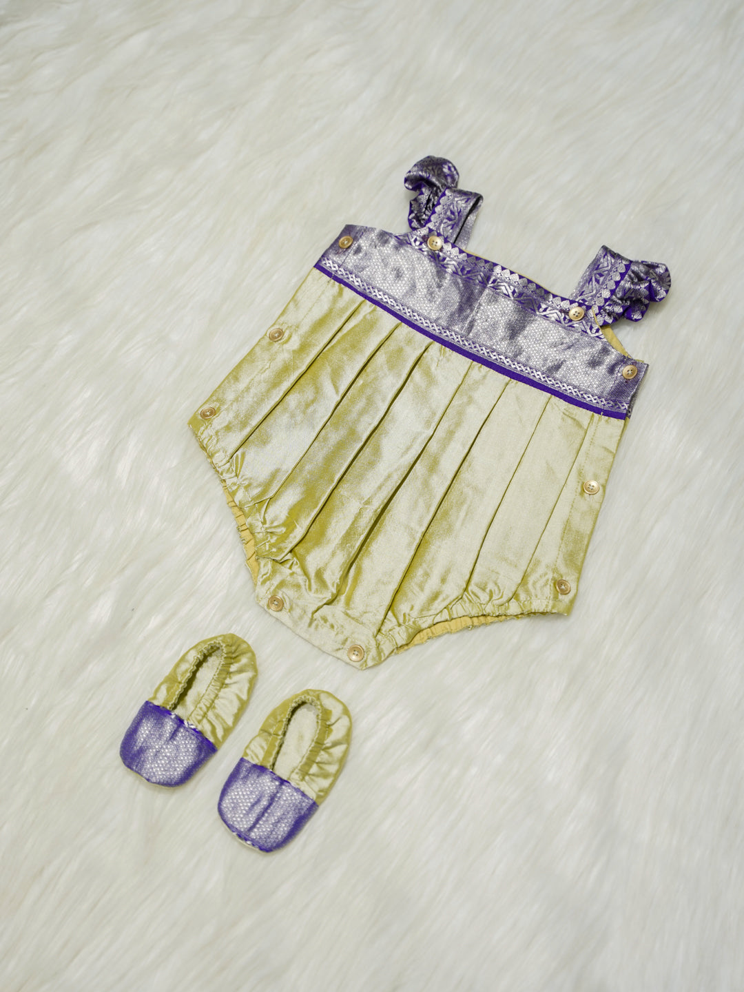 Soft Champagne & Dark Violet Zari Baby Romper with Matching Booties