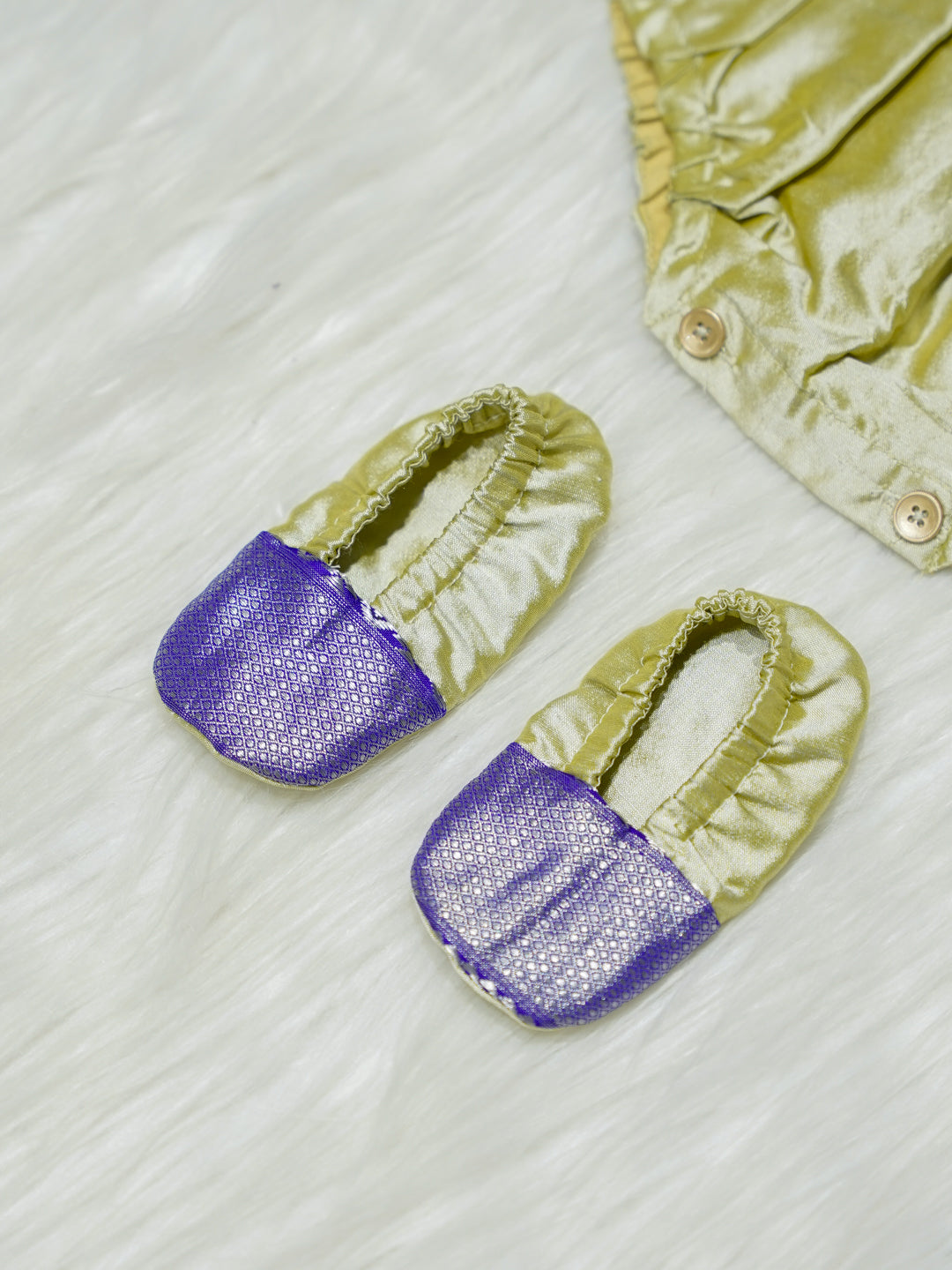 Soft Champagne & Dark Violet Zari Baby Romper with Matching Booties