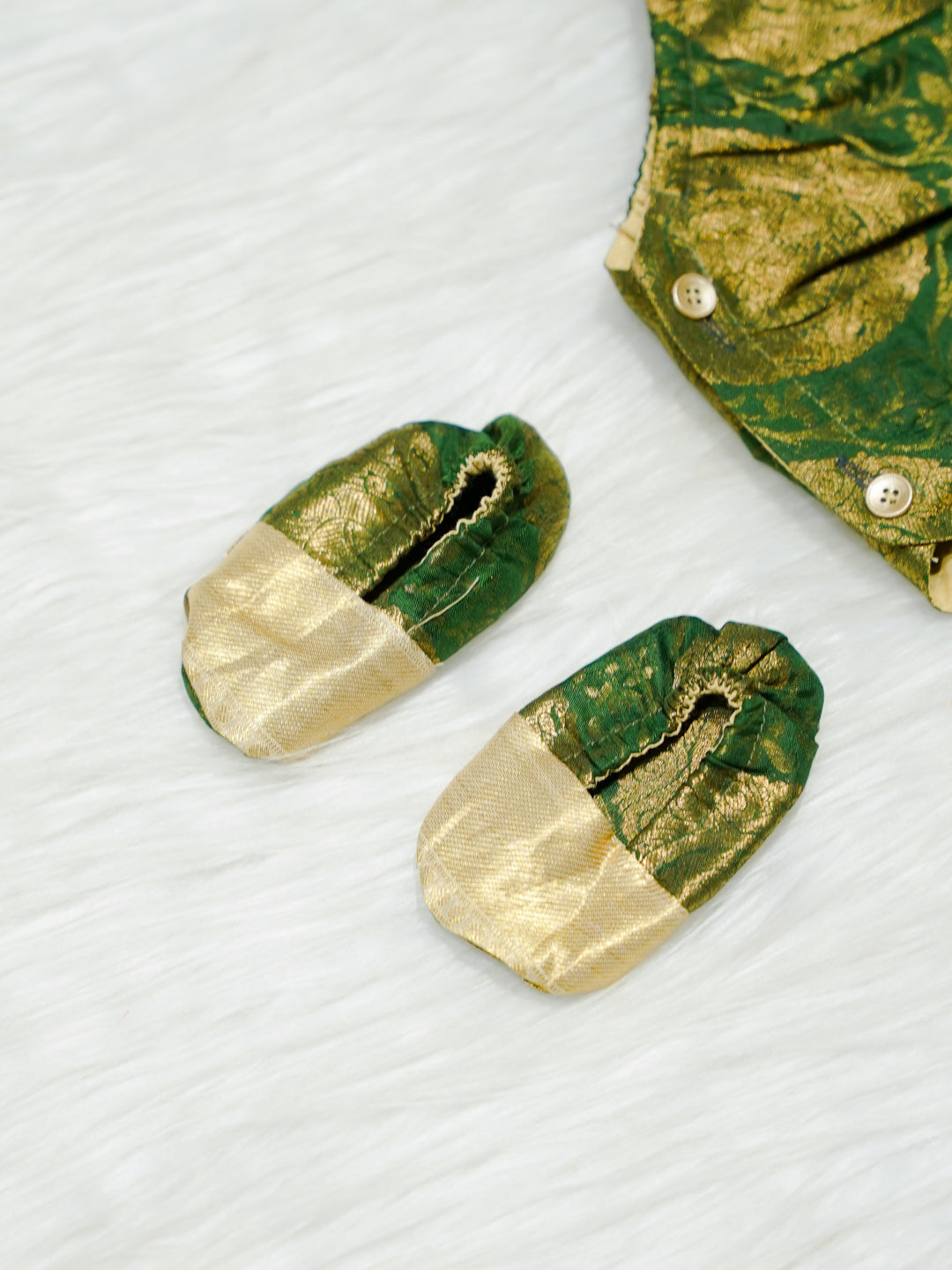 Emerald & Gold Brocade Newborn Girl Bubble Romper with Booties