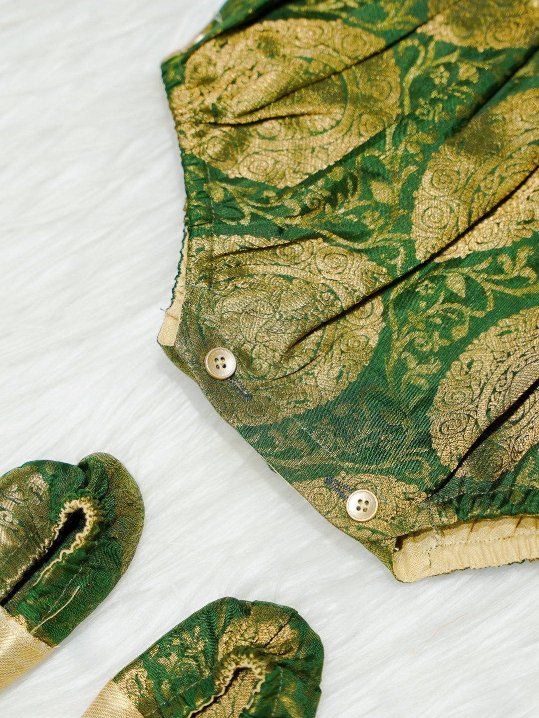 Emerald & Gold Brocade Newborn Girl Bubble Romper with Booties