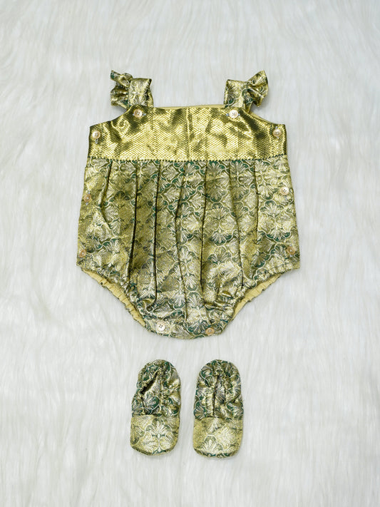 Green & Gold Brocade Baby Romper with Matching Booties
