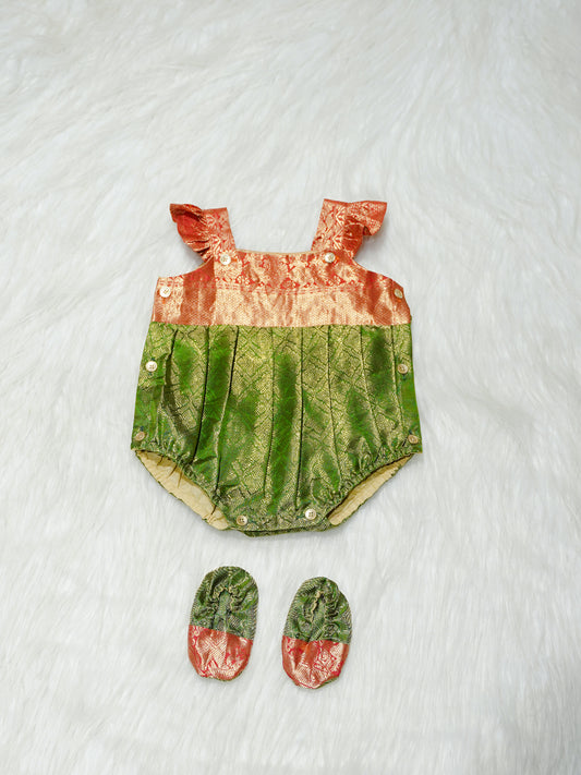 Emerald & Coral Brocade Newborn Girl Bubble Romper with Booties