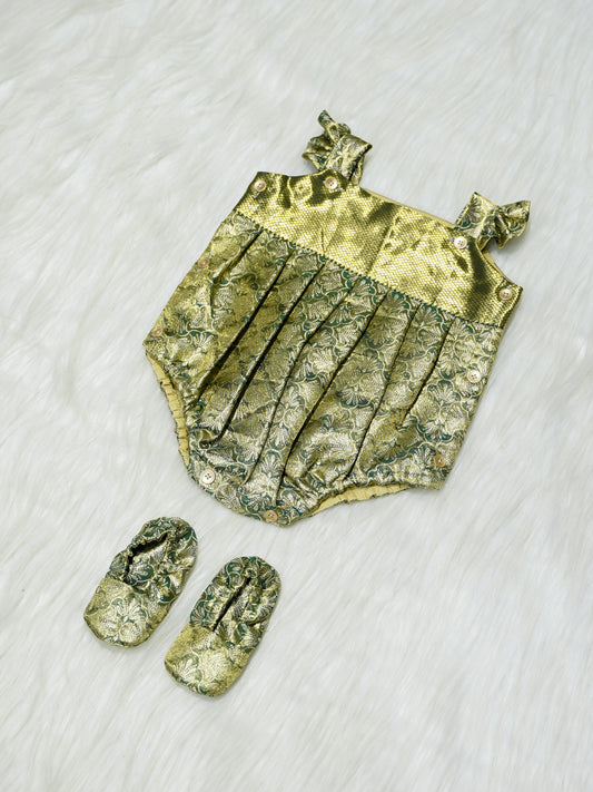 Green & Gold Brocade Baby Romper with Matching Booties
