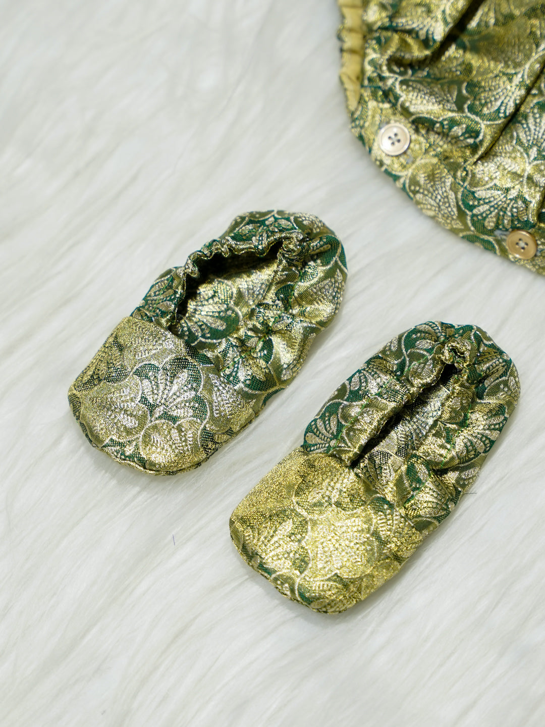 Green & Gold Brocade Baby Romper with Matching Booties