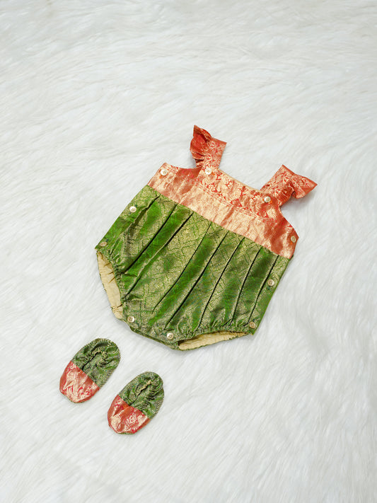 Emerald & Coral Brocade Newborn Girl Bubble Romper with Booties