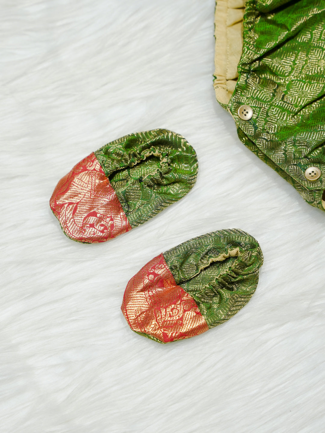 Emerald & Coral Brocade Newborn Girl Bubble Romper with Booties
