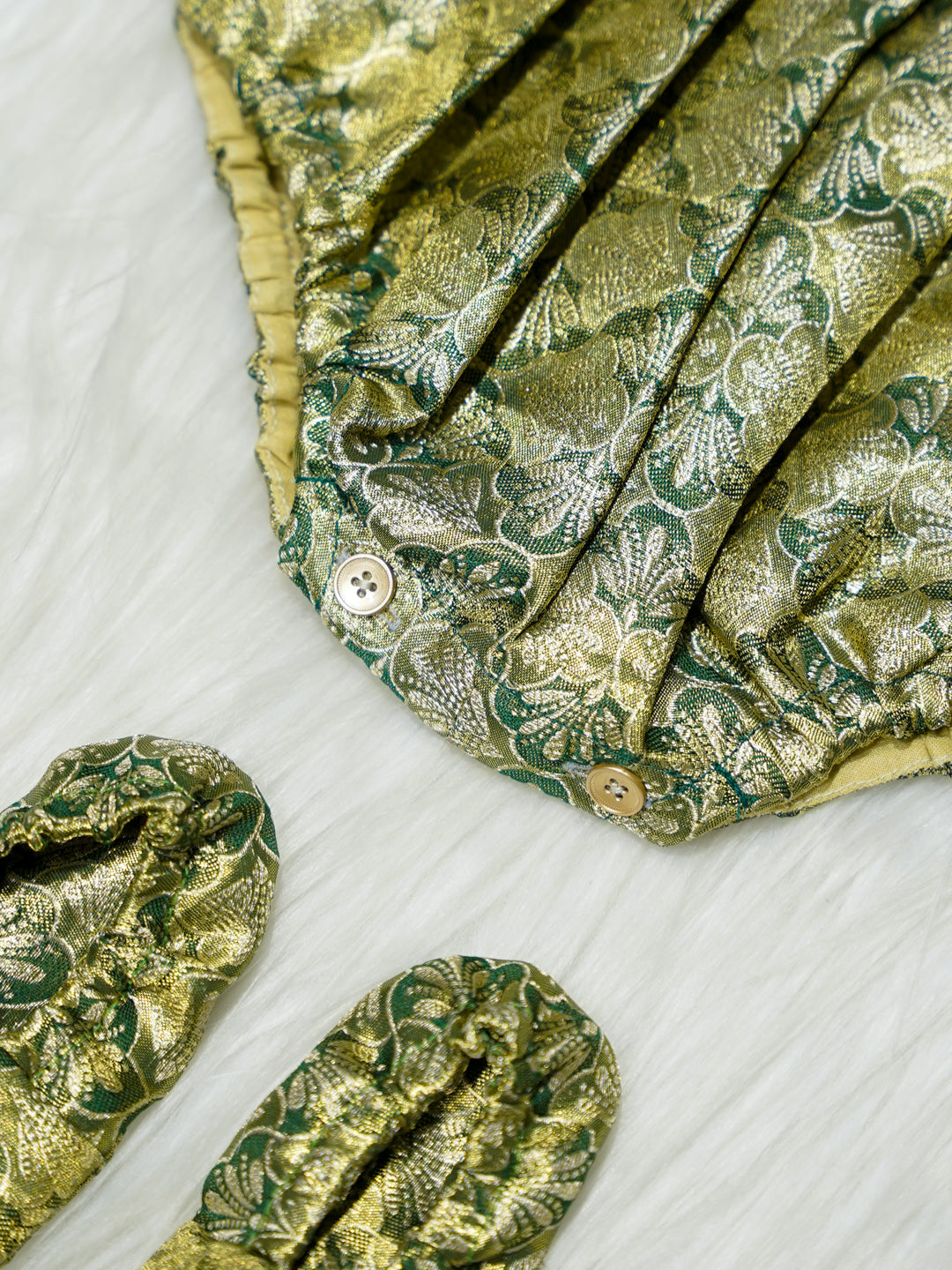 Green & Gold Brocade Baby Romper with Matching Booties