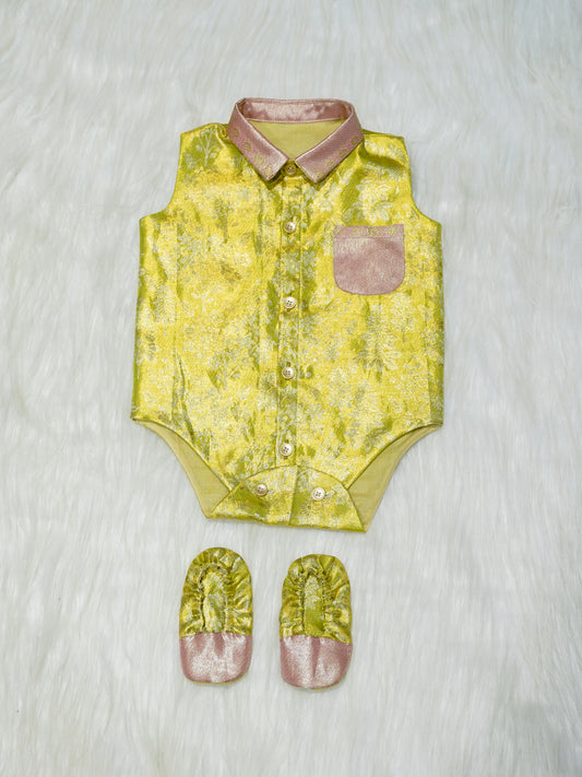 Yellow & Pink Brocade Baby Romper with Matching Booties