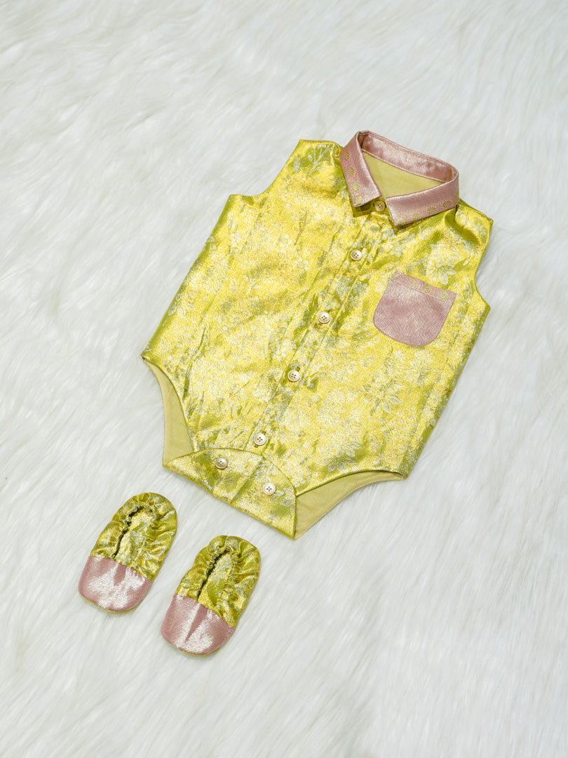 Yellow & Pink Brocade Baby Romper with Matching Booties