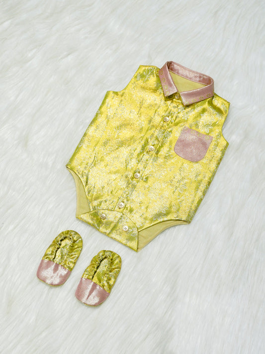 Yellow & Pink Brocade Baby Romper with Matching Booties