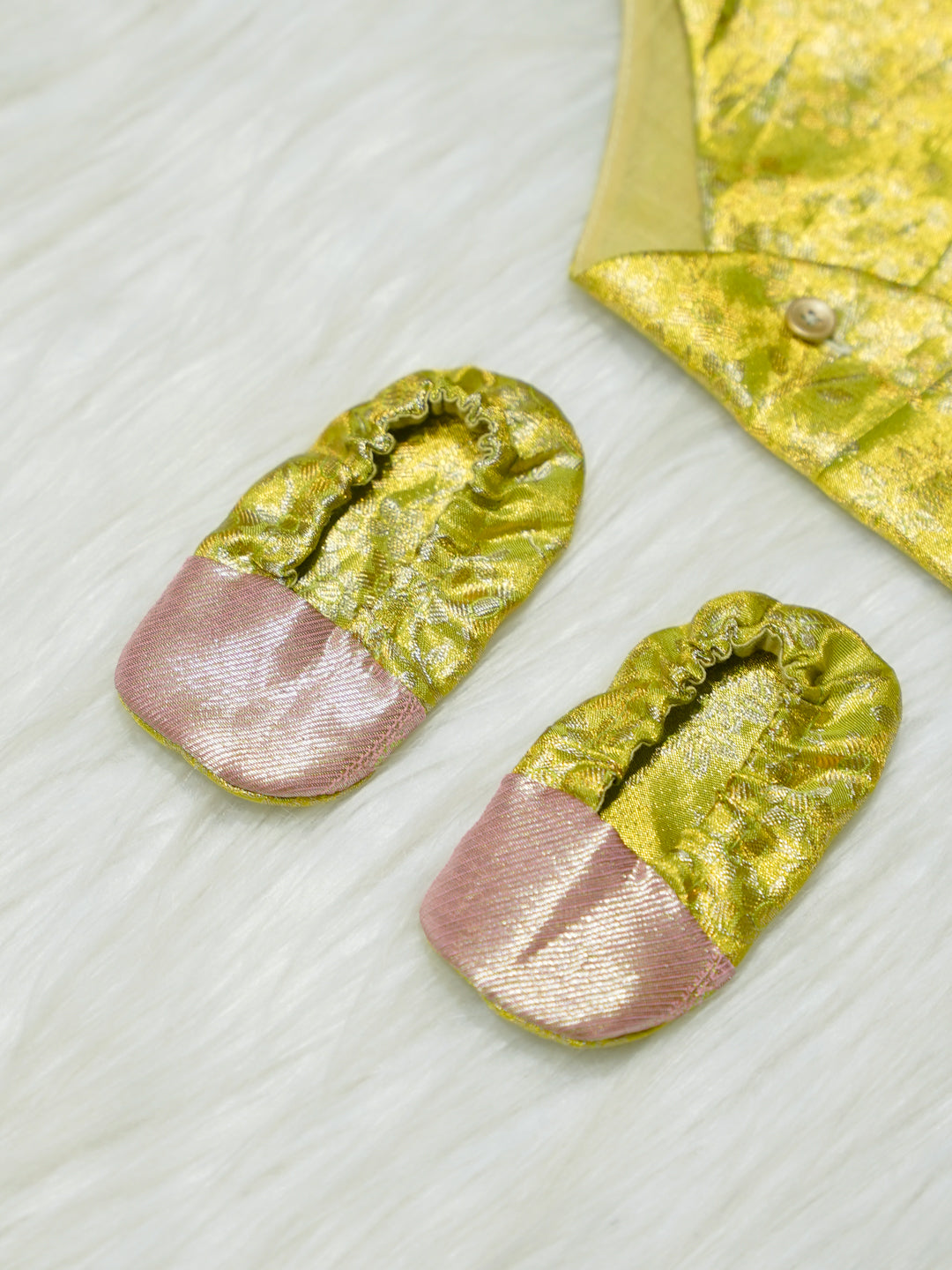 Yellow & Pink Brocade Baby Romper with Matching Booties