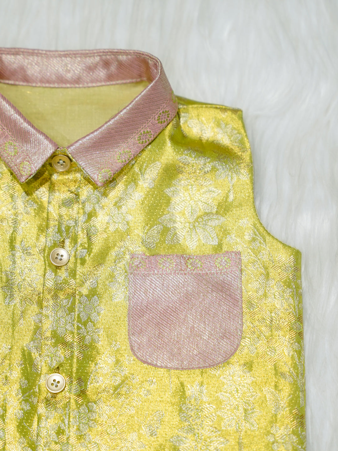 Yellow & Pink Brocade Baby Romper with Matching Booties