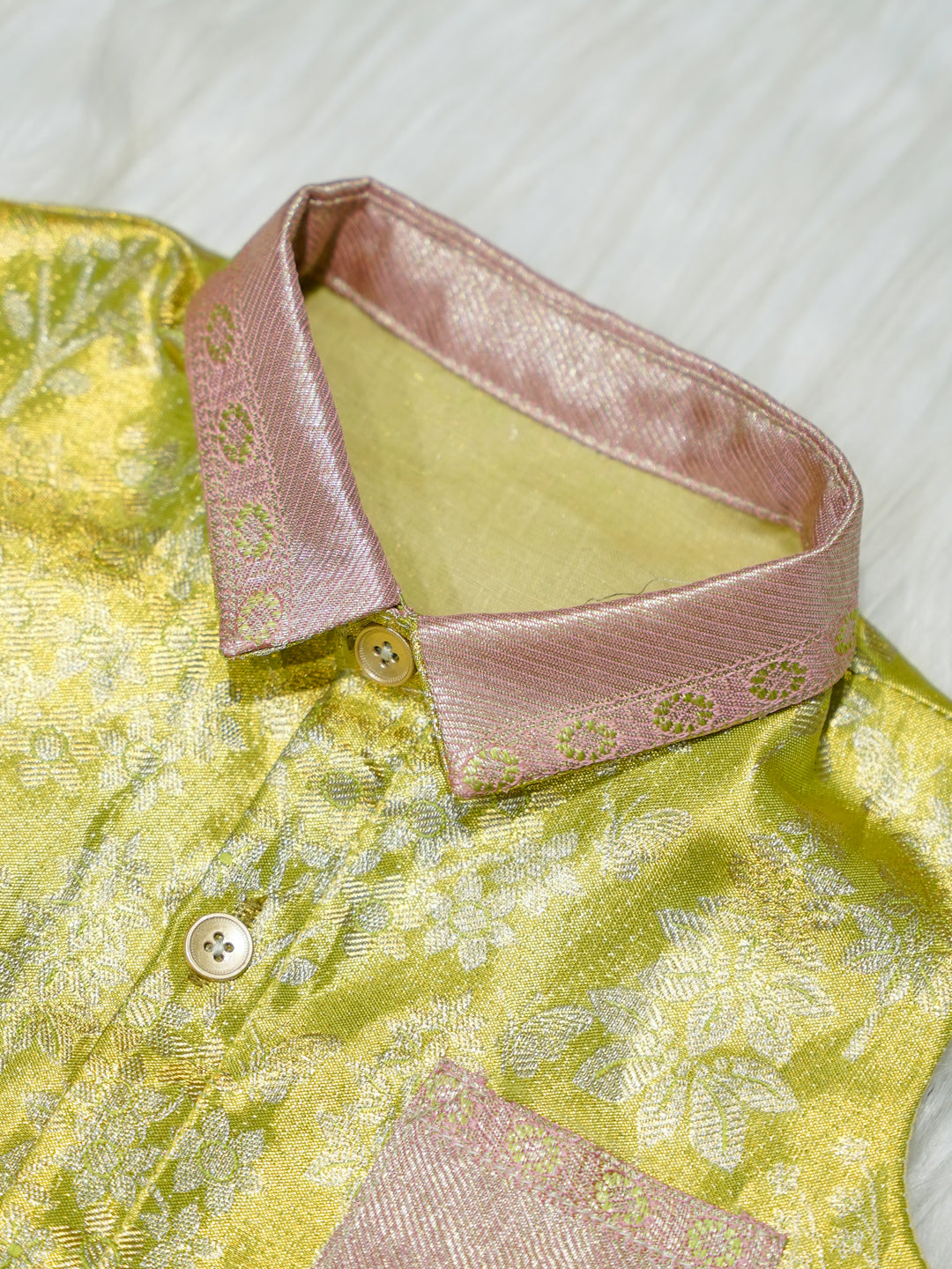 Yellow & Pink Brocade Baby Romper with Matching Booties