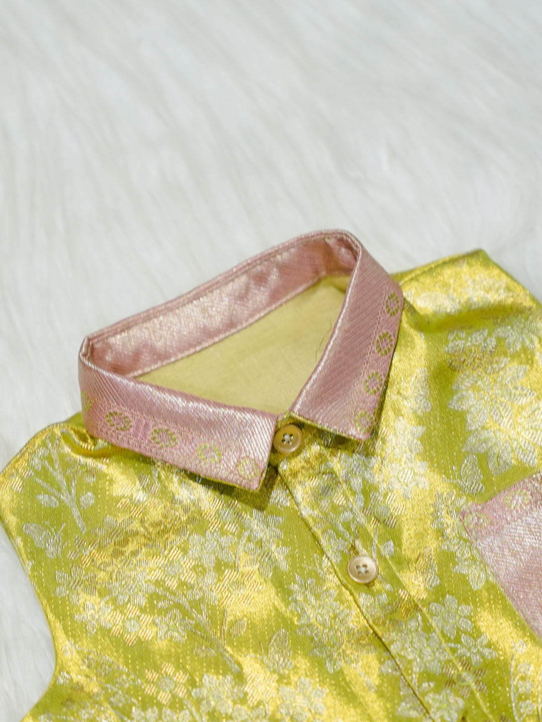 Yellow & Pink Brocade Baby Romper with Matching Booties