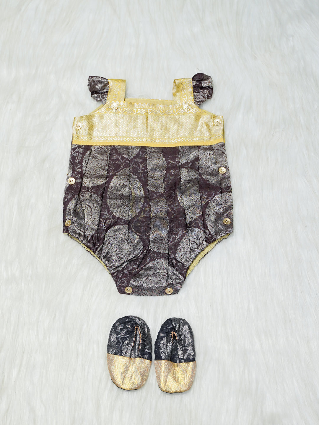 Brown & Gold Brocade Baby Romper with Matching Booties