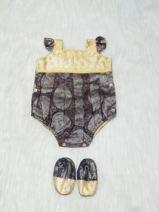 Brown & Gold Brocade Baby Romper with Matching Booties